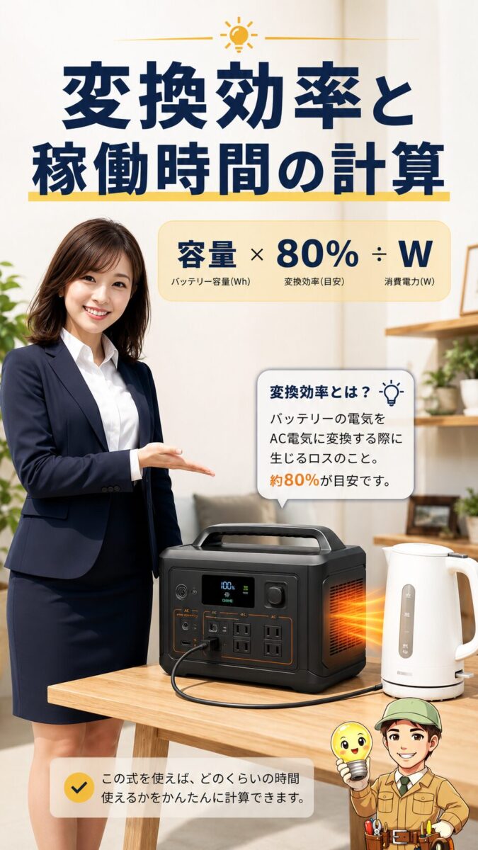 ポータブル電源の変換効率80%を踏まえた稼働時間の計算式を示した画像