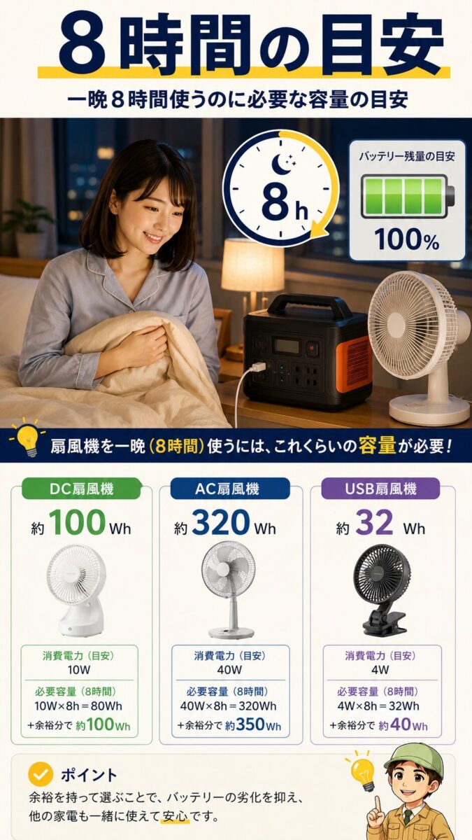 扇風機を一晩8時間使うために必要な容量の目安を示す縦型画像