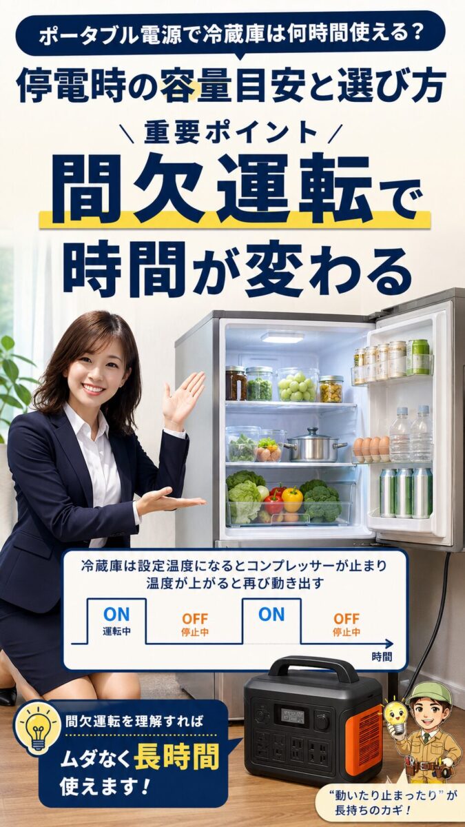 冷蔵庫が間欠運転するため実際の稼働時間が変わることを表した画像