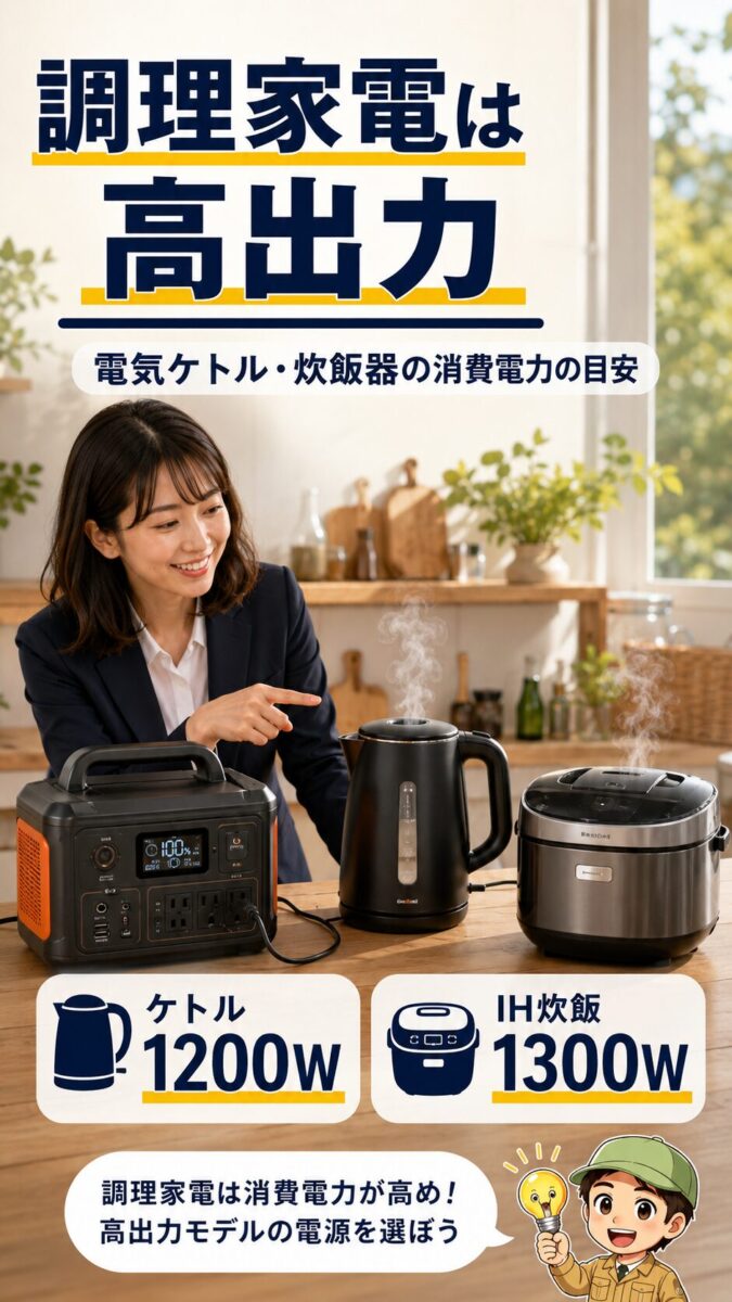 電気ケトルと炊飯器の消費電力の目安をポータブル電源と並べて示す画像