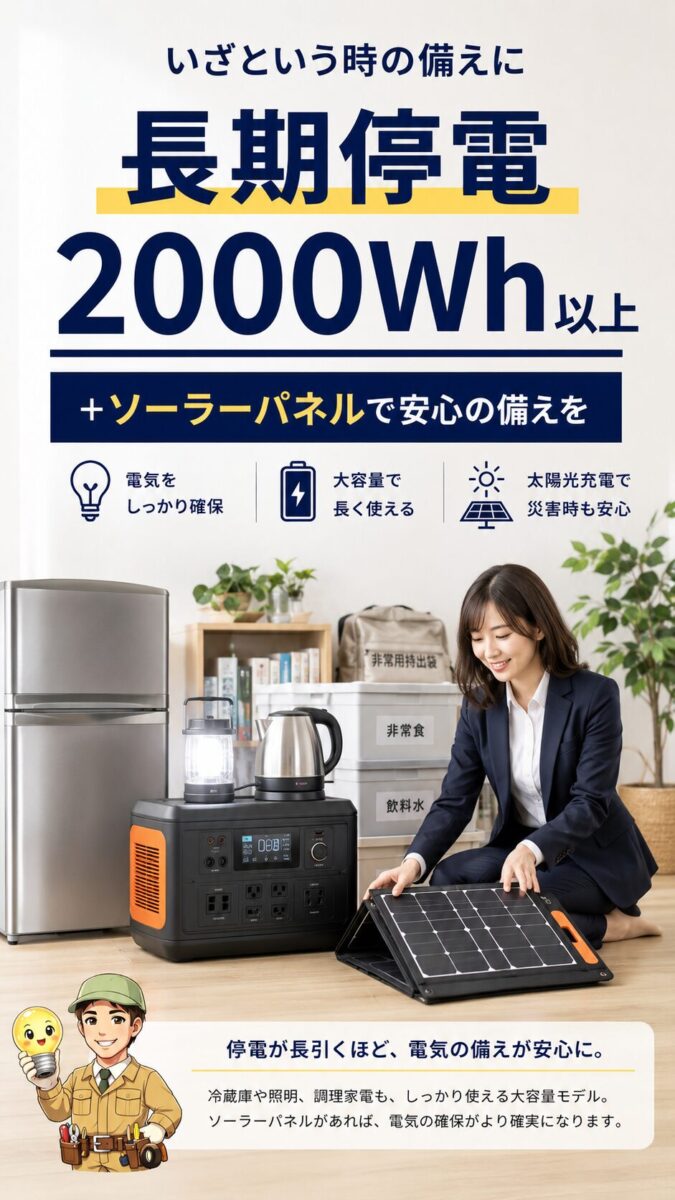 長期停電に備える大容量ポータブル電源とソーラーパネルの画像