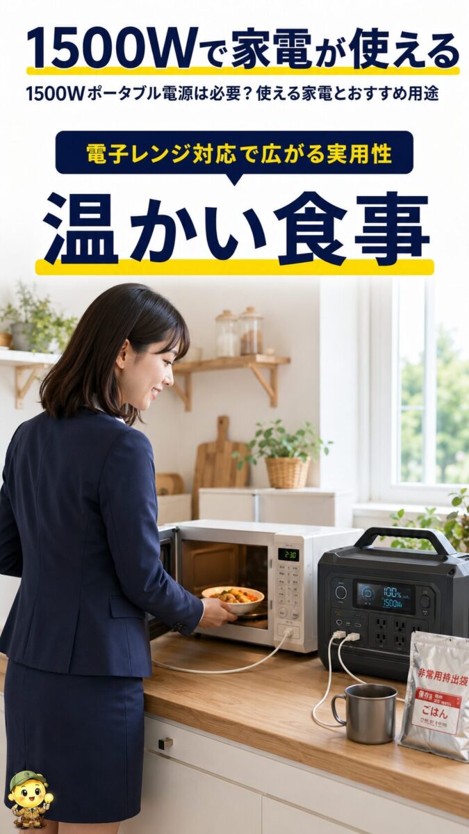 1500Wポータブル電源で電子レンジを使い温かい食事を用意する画像