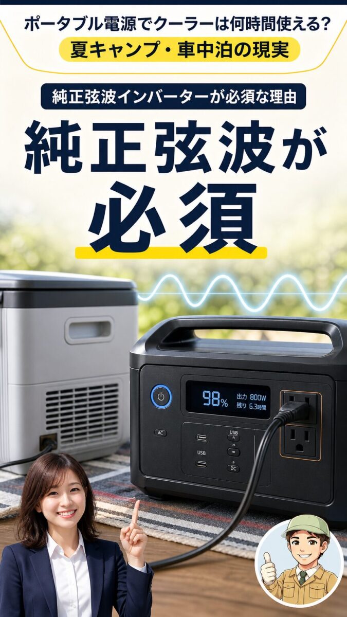 クーラーには純正弦波インバーター対応の電源が必要なことを示す画像
