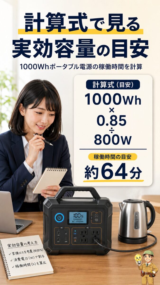 1000Whポータブル電源の実効容量と稼働時間の計算式を示した縦型画像