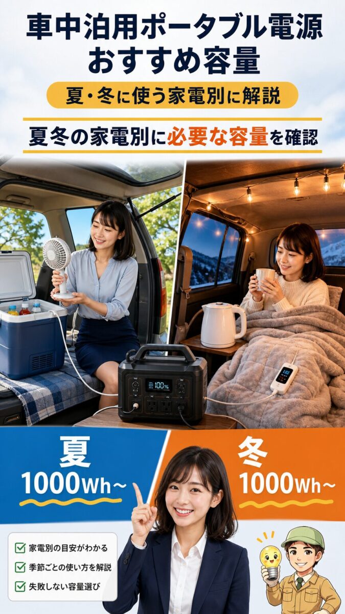 夏の冷却家電と冬の暖房家電に必要な容量を比較するイメージ
