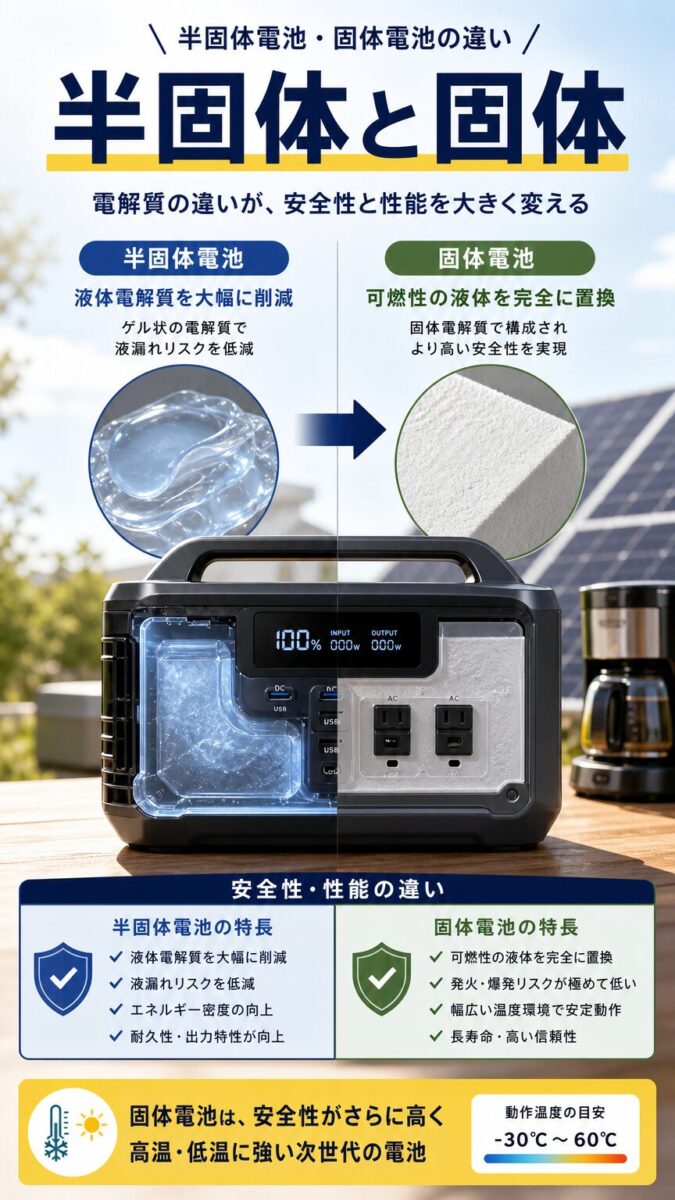 半固体電池と固体電池の違いをポータブル電源で示す画像