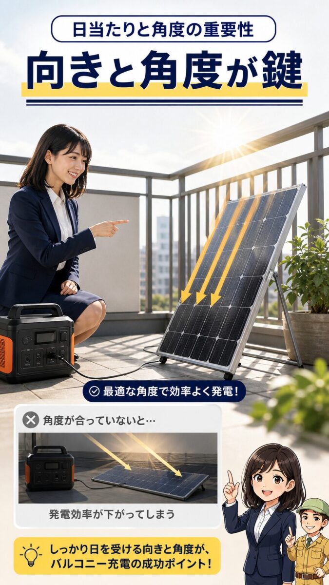 ベランダ充電でソーラーパネルの向きと角度が重要なことを示す画像