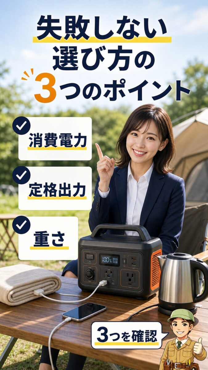 ポータブル電源選びで確認すべき3つのポイントを表す画像