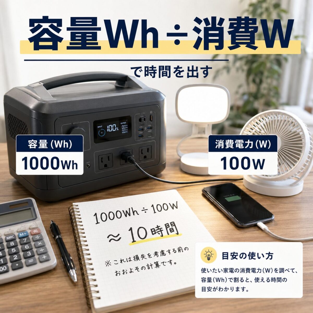 容量Whを消費電力Wで割ってポータブル電源の使用時間を計算するイメージ