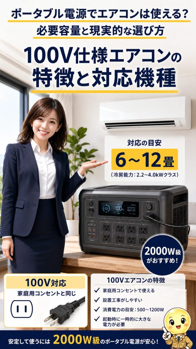 100V仕様エアコンに対応する高出力ポータブル電源の条件