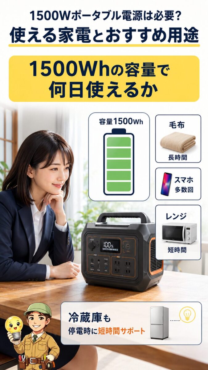 1500Whの容量で家電をどれくらい使えるか示す縦型画像