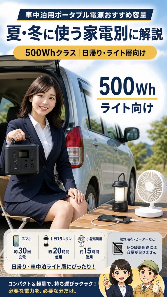 日帰りやライトな車中泊に向いた500Whクラスのイメージ
