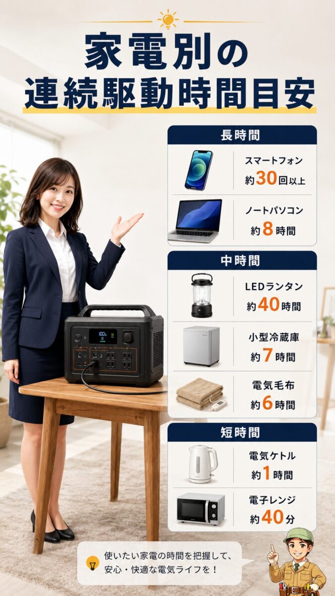 2000Whポータブル電源でスマホや冷蔵庫など家電別の使用時間目安を表した画像