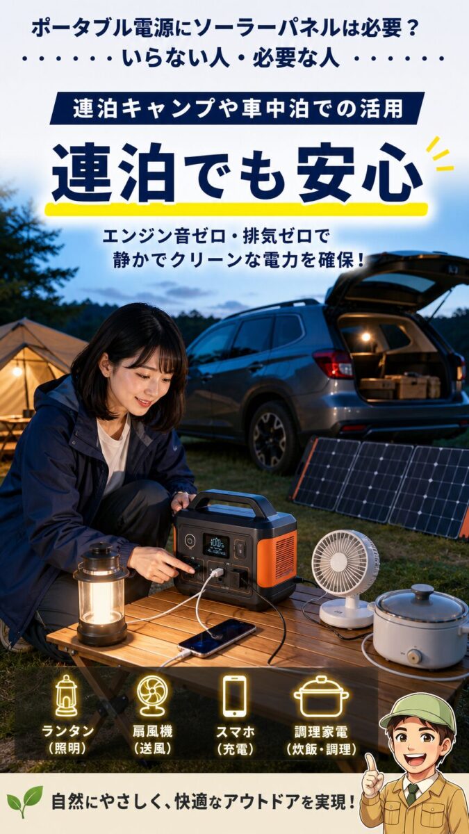 連泊キャンプや車中泊でソーラーパネルを活用する画像
