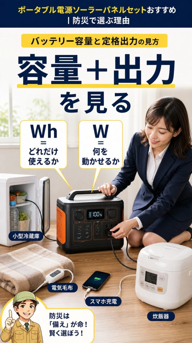ポータブル電源の容量Whと定格出力Wを確認するイメージ