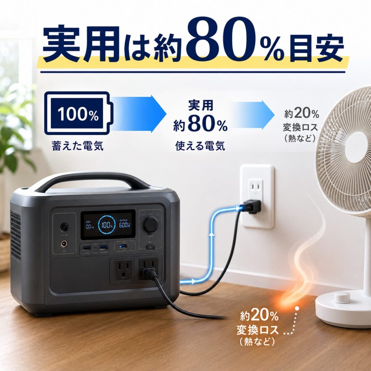 ポータブル電源のAC変換ロスを見込んで実用容量を考えるイメージ