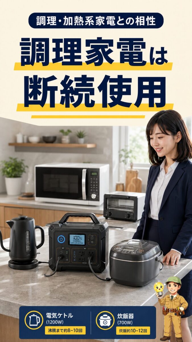 1000Wポータブル電源と調理家電の相性を示した縦型画像