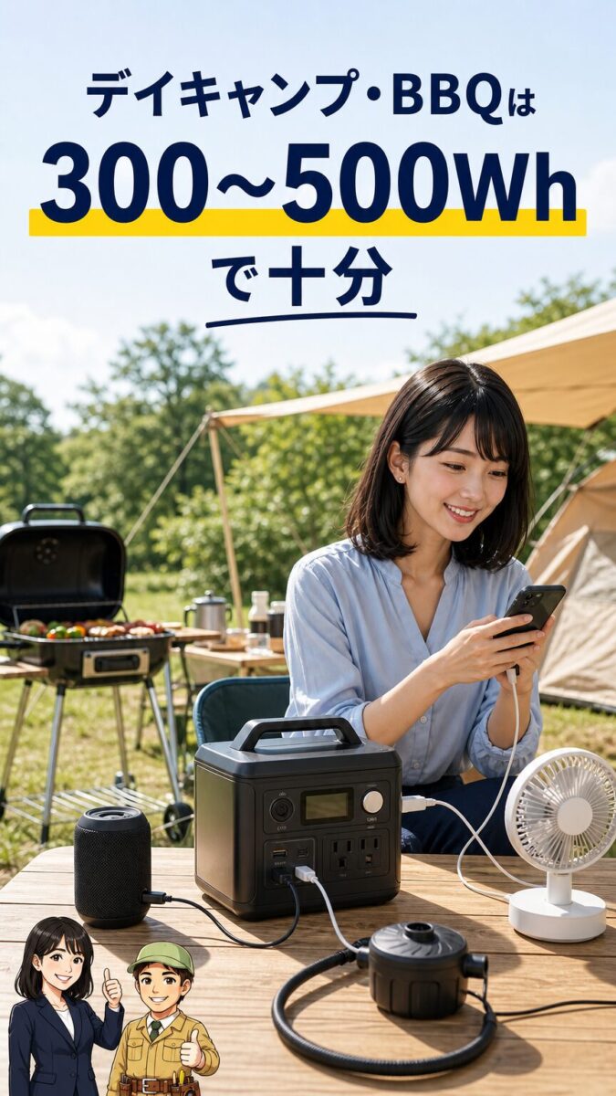 デイキャンプやBBQに300〜500Whの容量が合うことを表す画像