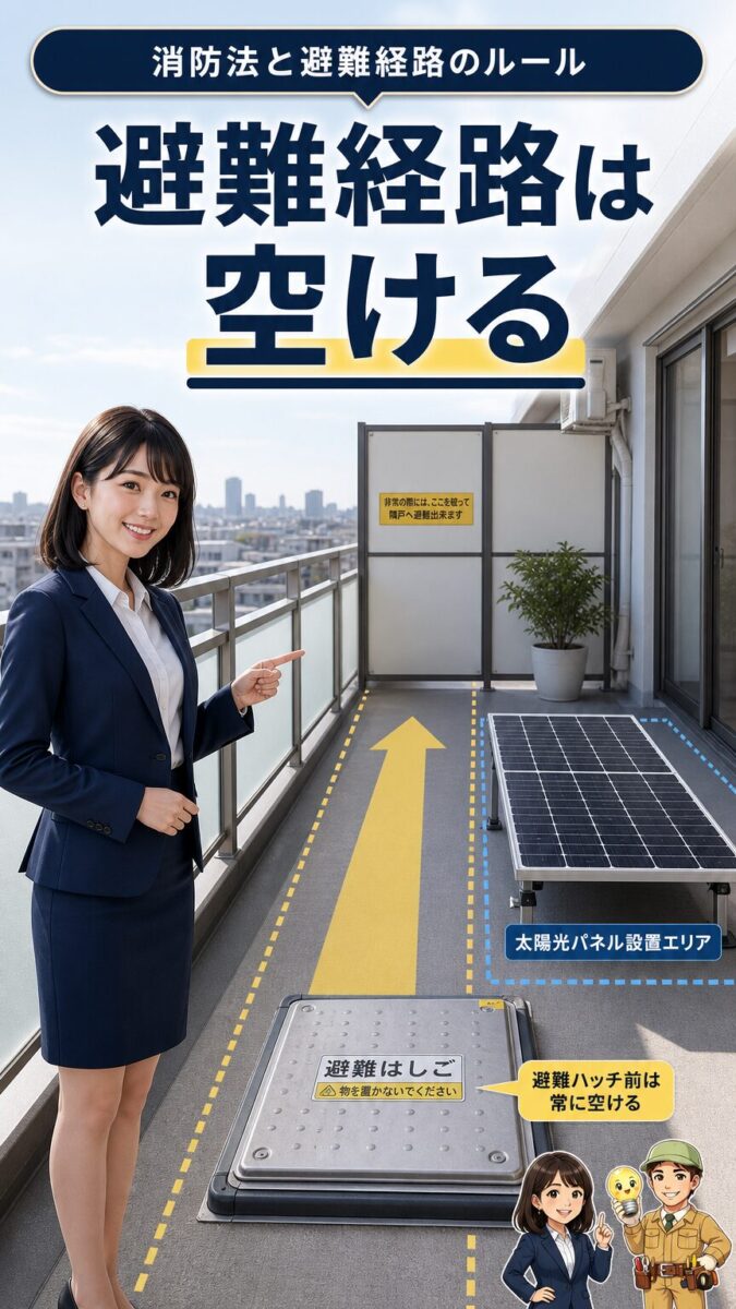 マンションのベランダで避難経路をふさがずにソーラーパネルを置く画像
