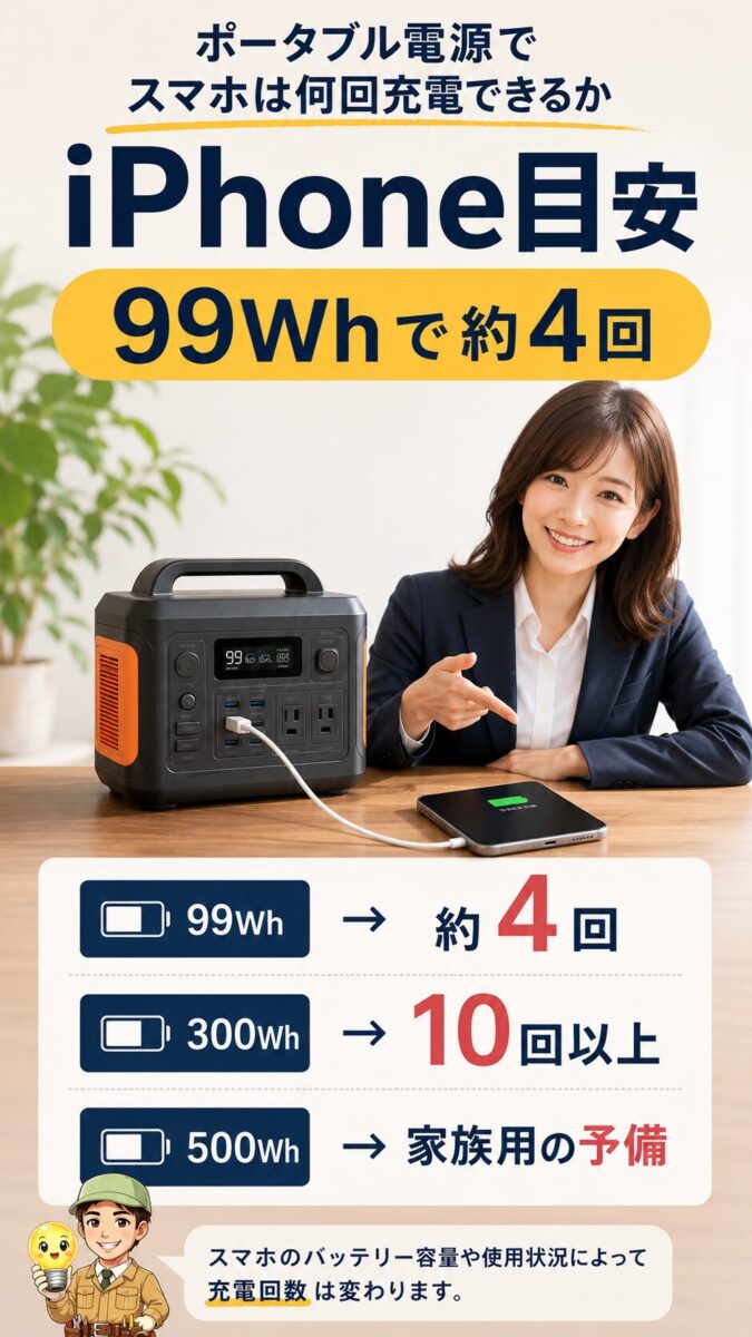 ポータブル電源でiPhoneを何回充電できるかの目安を示す縦型画像