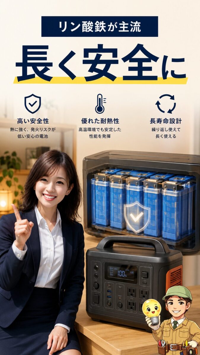 リン酸鉄リチウムイオン電池の長寿命と安全性を表すポータブル電源のイメージ