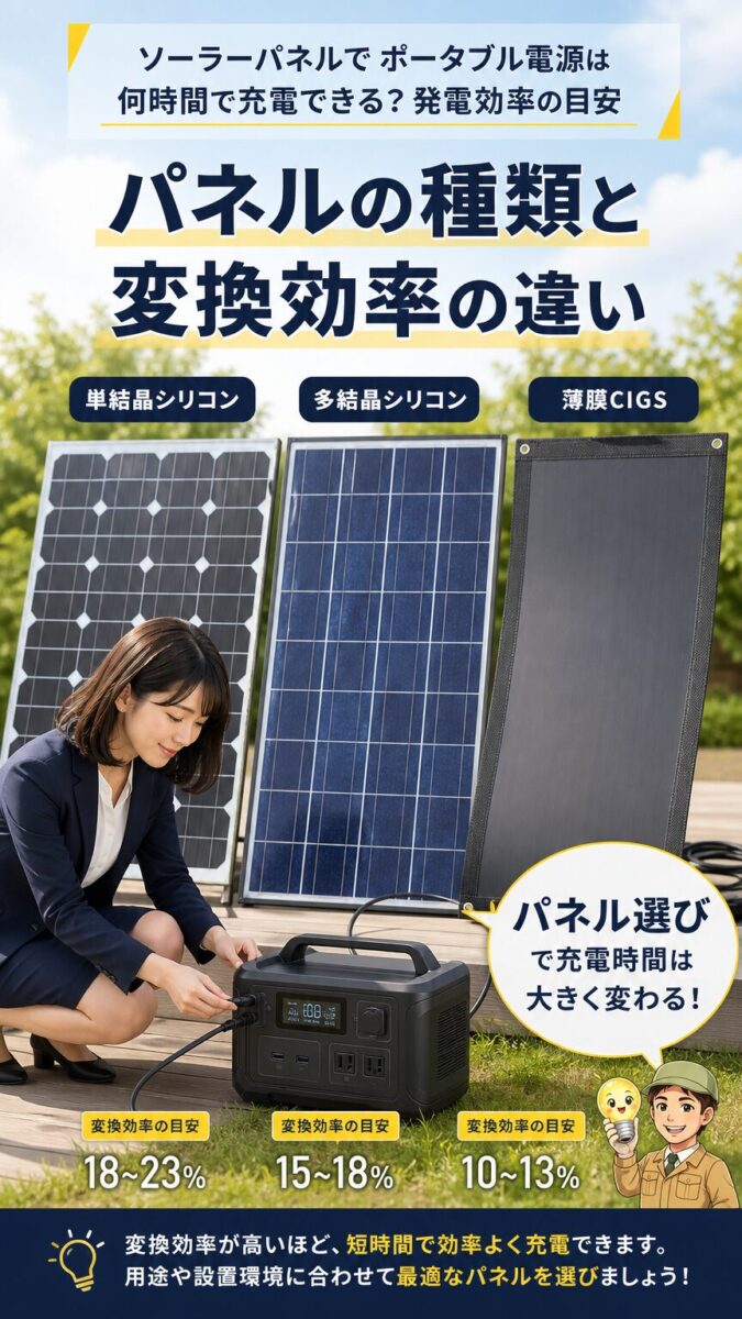 単結晶や多結晶やCIGSなどソーラーパネルの種類と効率差を示す縦型画像