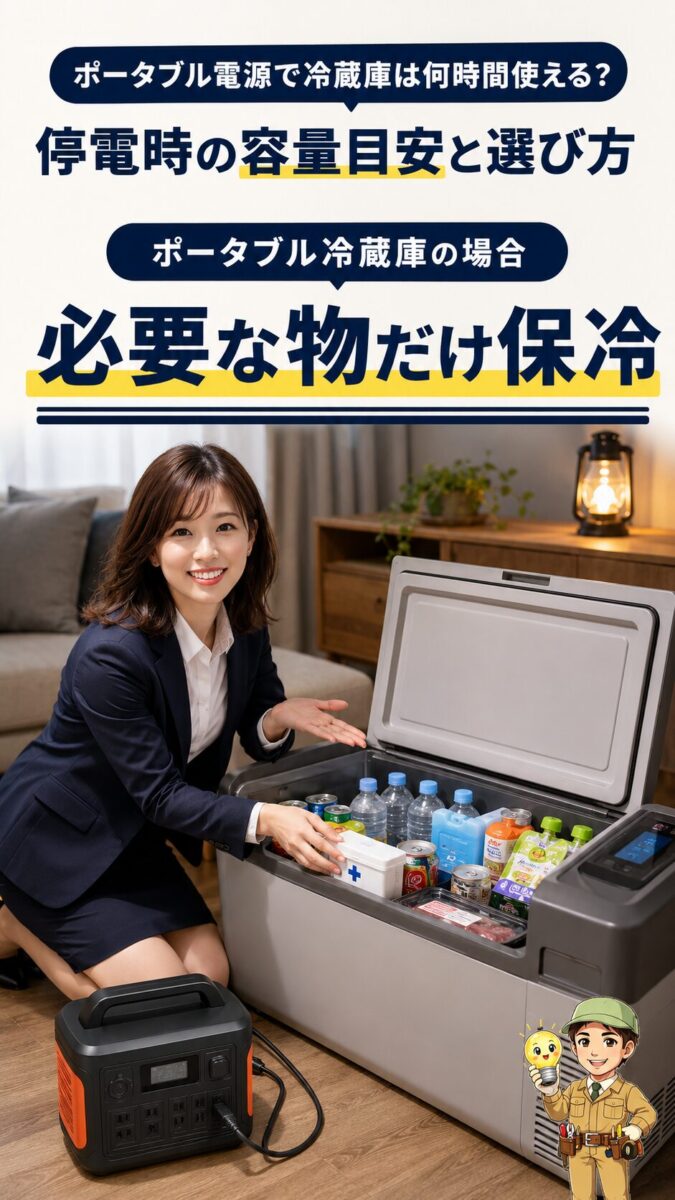 停電時にポータブル冷蔵庫で必要な食品や薬だけを保冷する画像