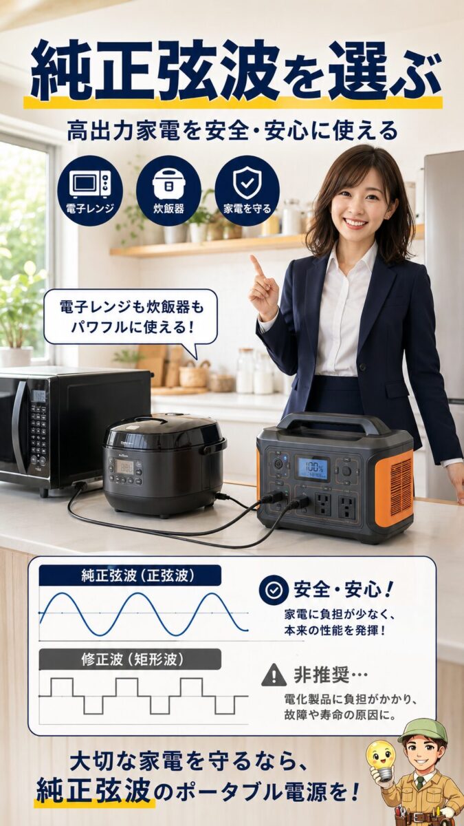 高出力調理家電には純正弦波出力のポータブル電源が必要なことを示す画像