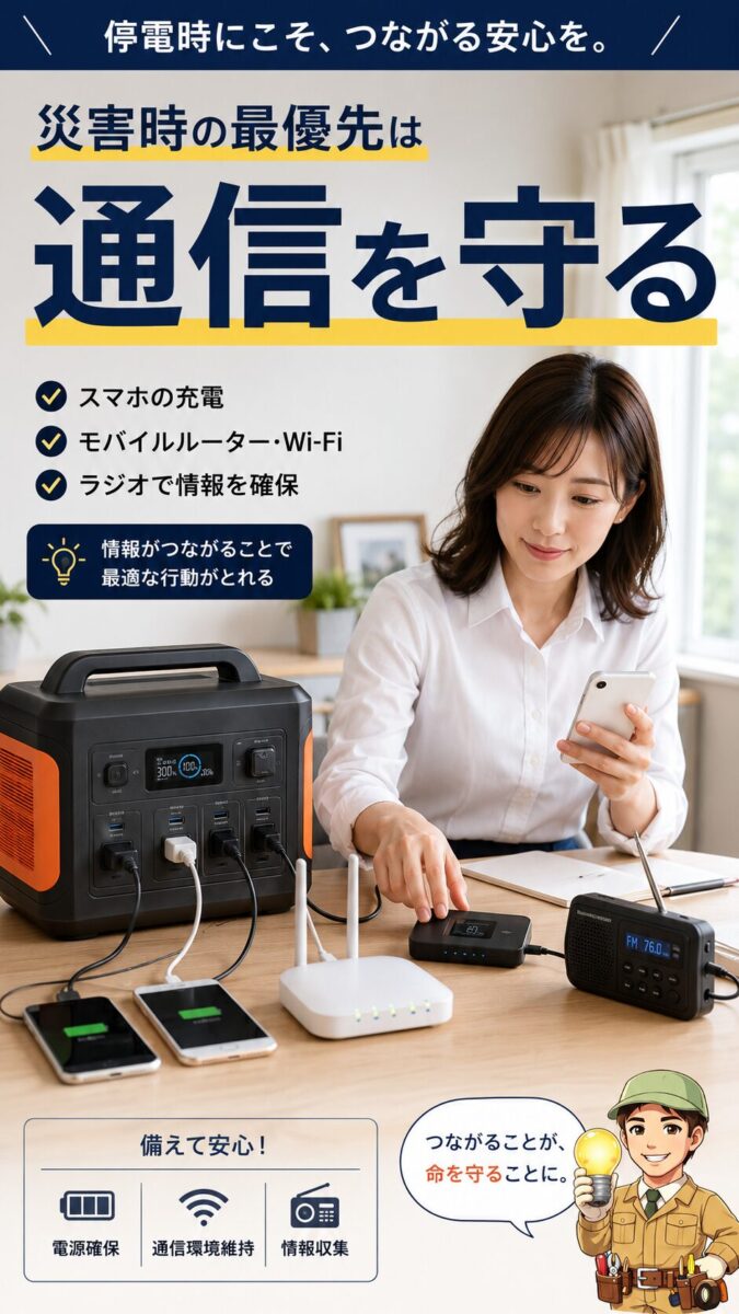 災害時にスマホと通信環境を維持するポータブル電源の画像