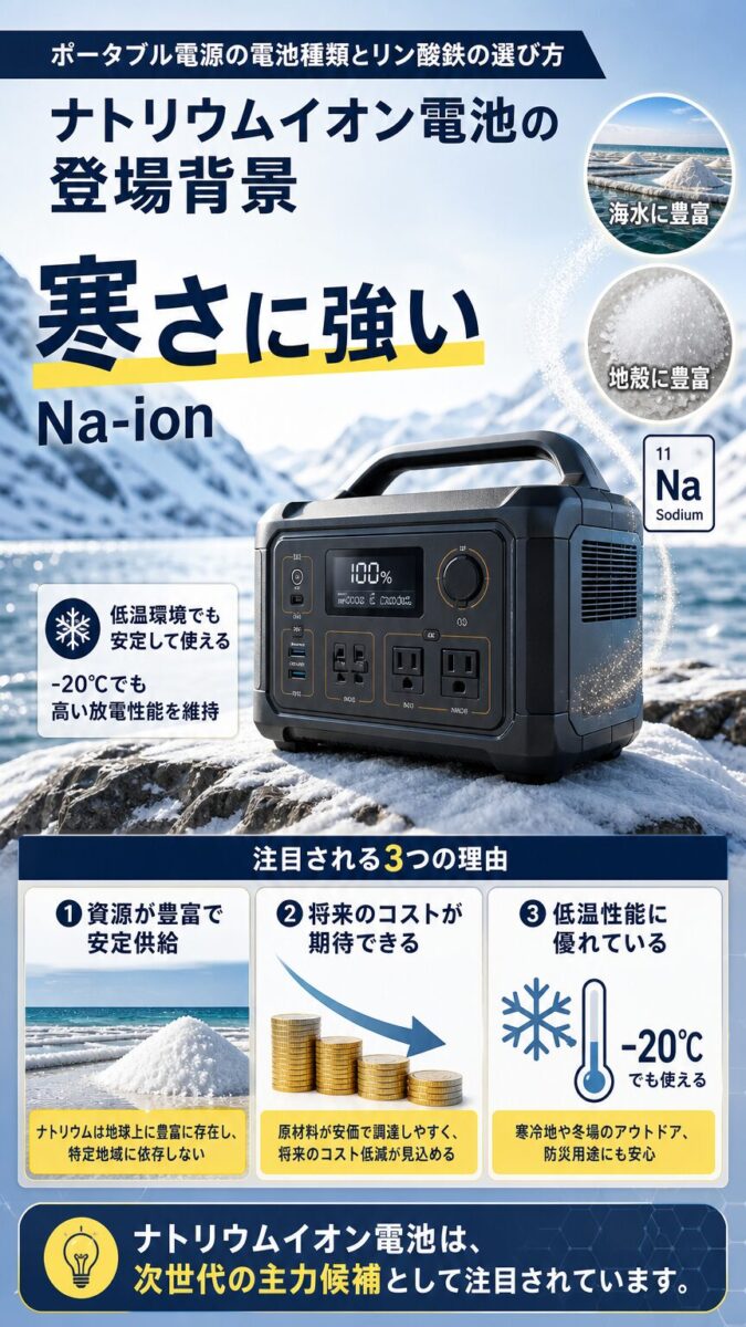 低温に強いナトリウムイオン電池の登場背景を示す画像