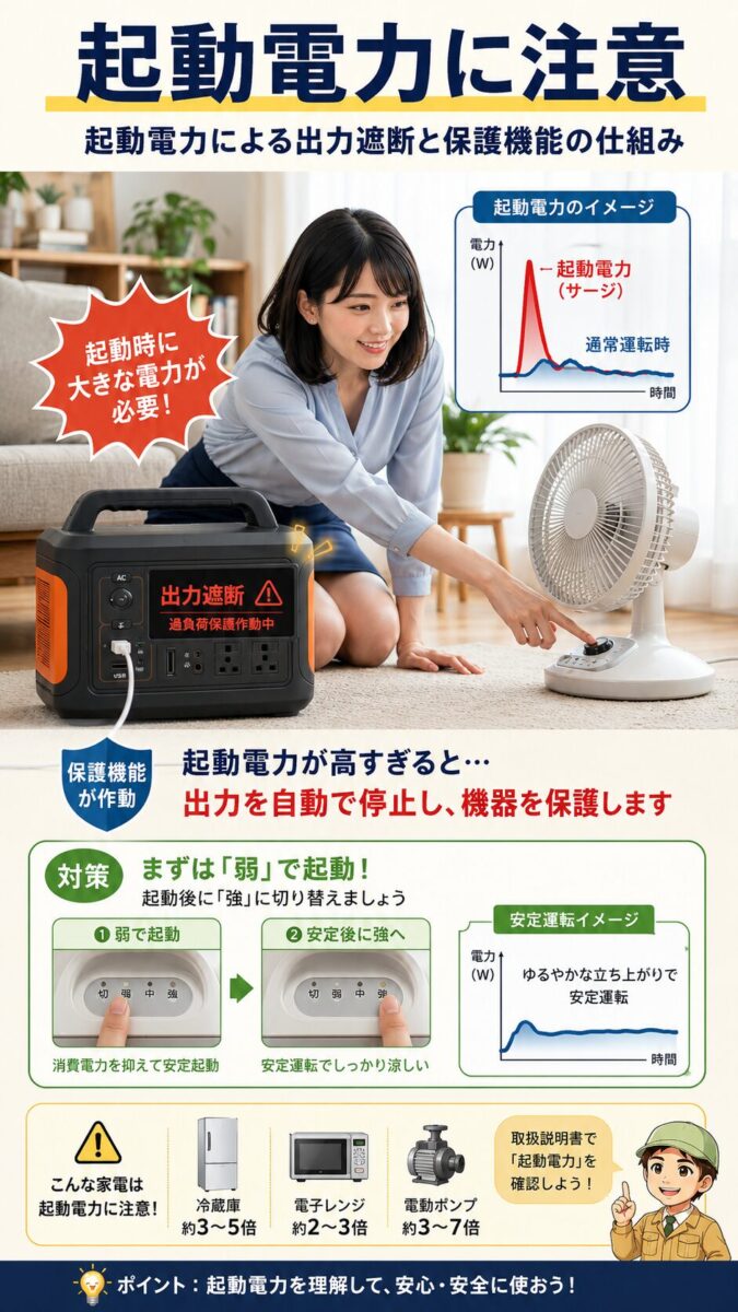 扇風機の起動電力でポータブル電源の保護機能が働く仕組みを示す縦型画像