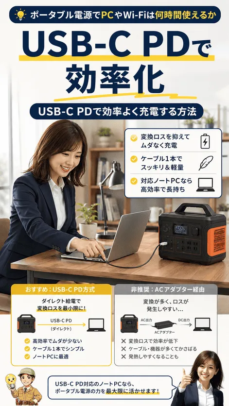 USB-C PDでノートパソコンを効率よく充電する様子