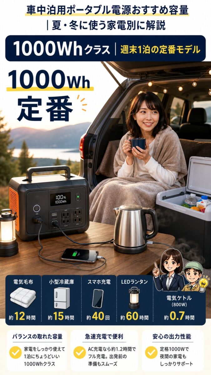 週末1泊の車中泊に向いた1000Whクラスの定番モデルのイメージ