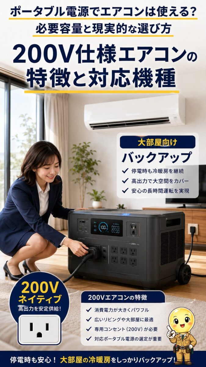 200V仕様エアコンにはネイティブ200V出力のポータブル電源が必要なことを示す図