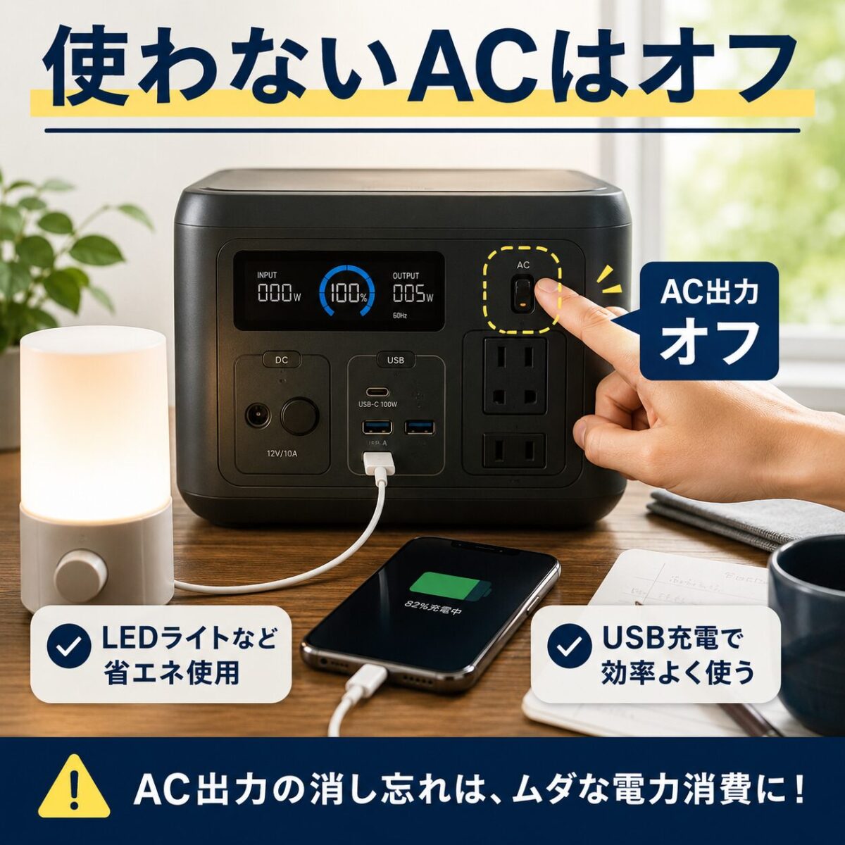 停電時にポータブル電源のAC出力をこまめに切って節電するイメージ