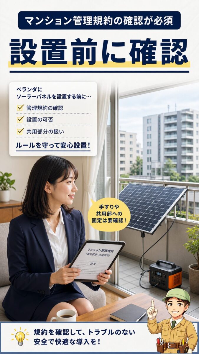 マンションの管理規約を確認してからベランダにソーラーパネルを設置する画像