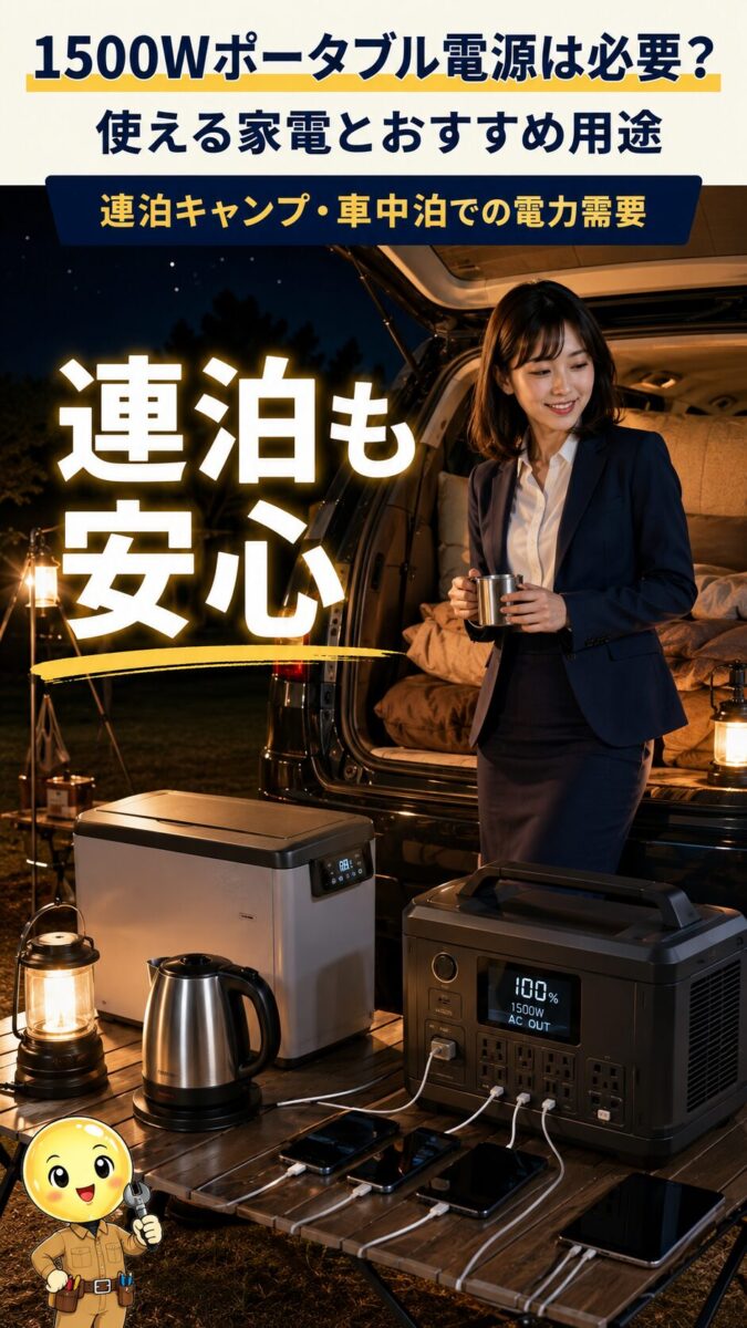 連泊キャンプや車中泊で1500Wポータブル電源を使う画像