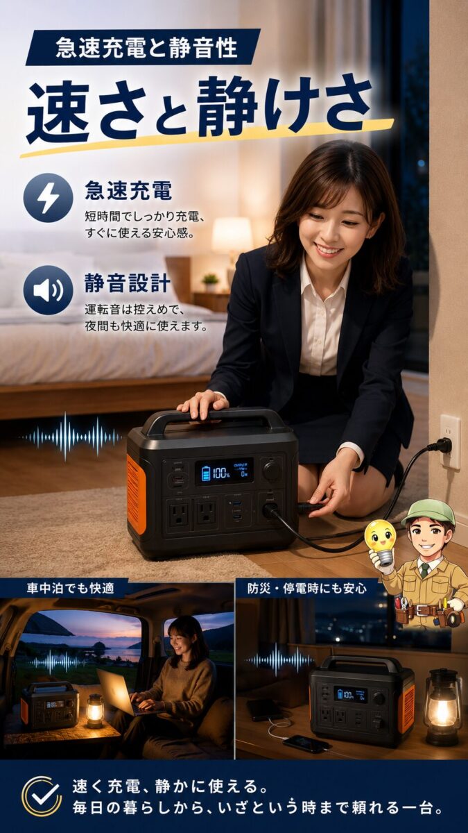 急速充電と静音性の両方を確認するポータブル電源のイメージ