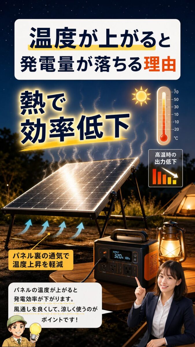 ソーラーパネルの温度上昇で発電効率が下がる理由を示す縦型画像