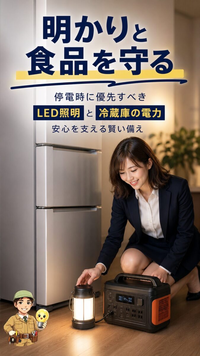 停電時に照明と冷蔵庫を守るポータブル電源の画像