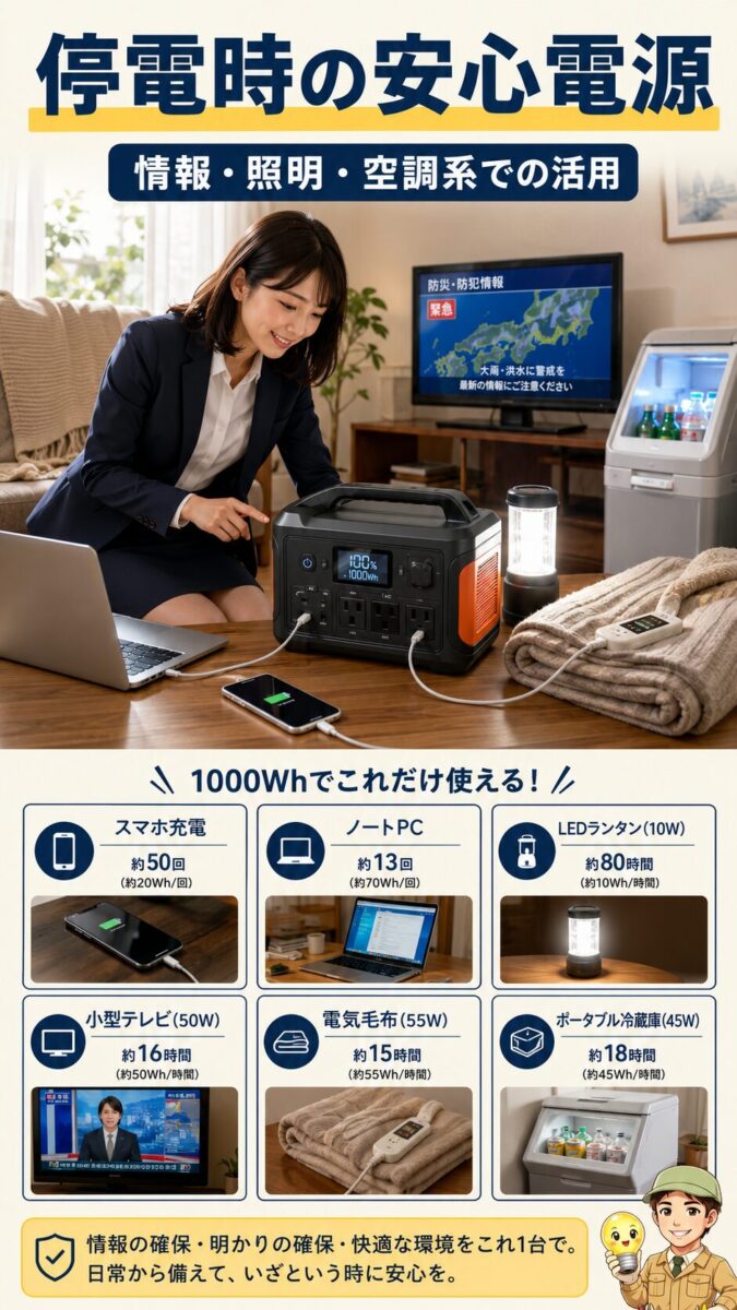 停電時にポータブル電源で情報機器や照明を使う様子を示した縦型画像