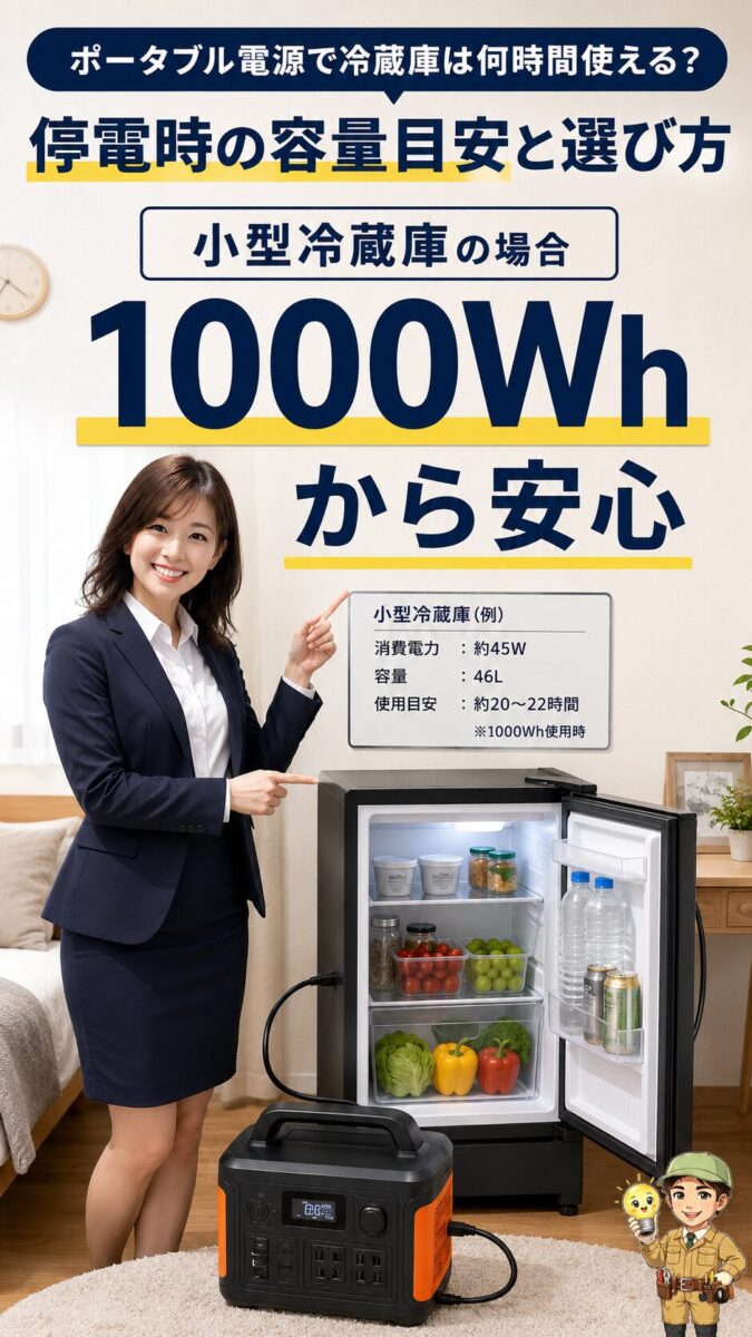小型冷蔵庫を停電時にポータブル電源で動かす容量目安を示す画像