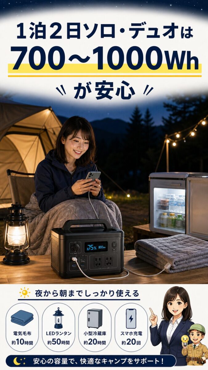 1泊2日のソロやデュオキャンプに700〜1000Whが安心な画像