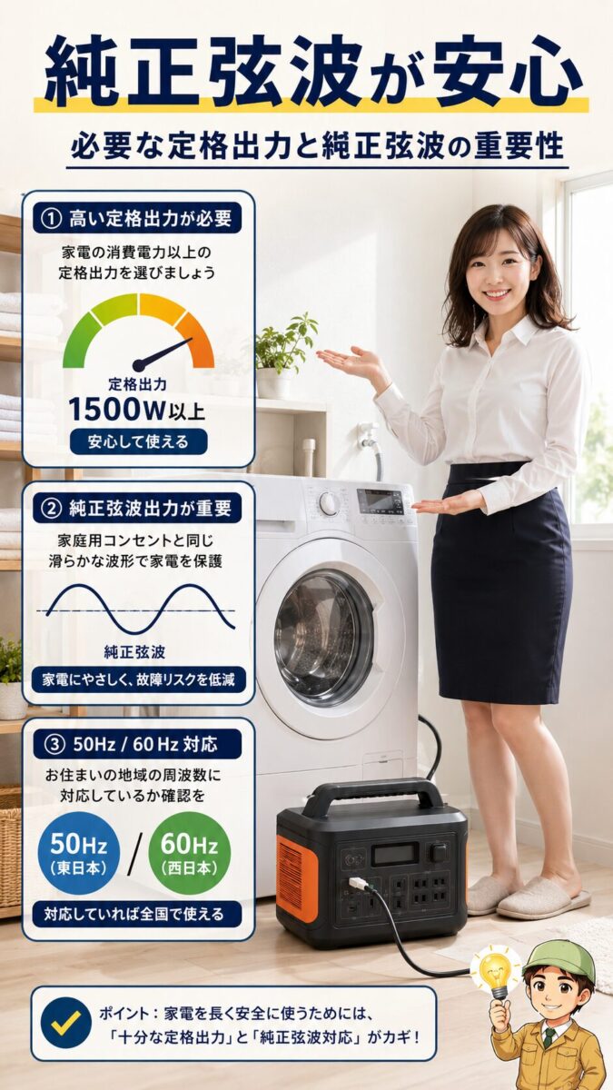 洗濯機には高い定格出力と純正弦波出力が重要であることを示す縦型画像