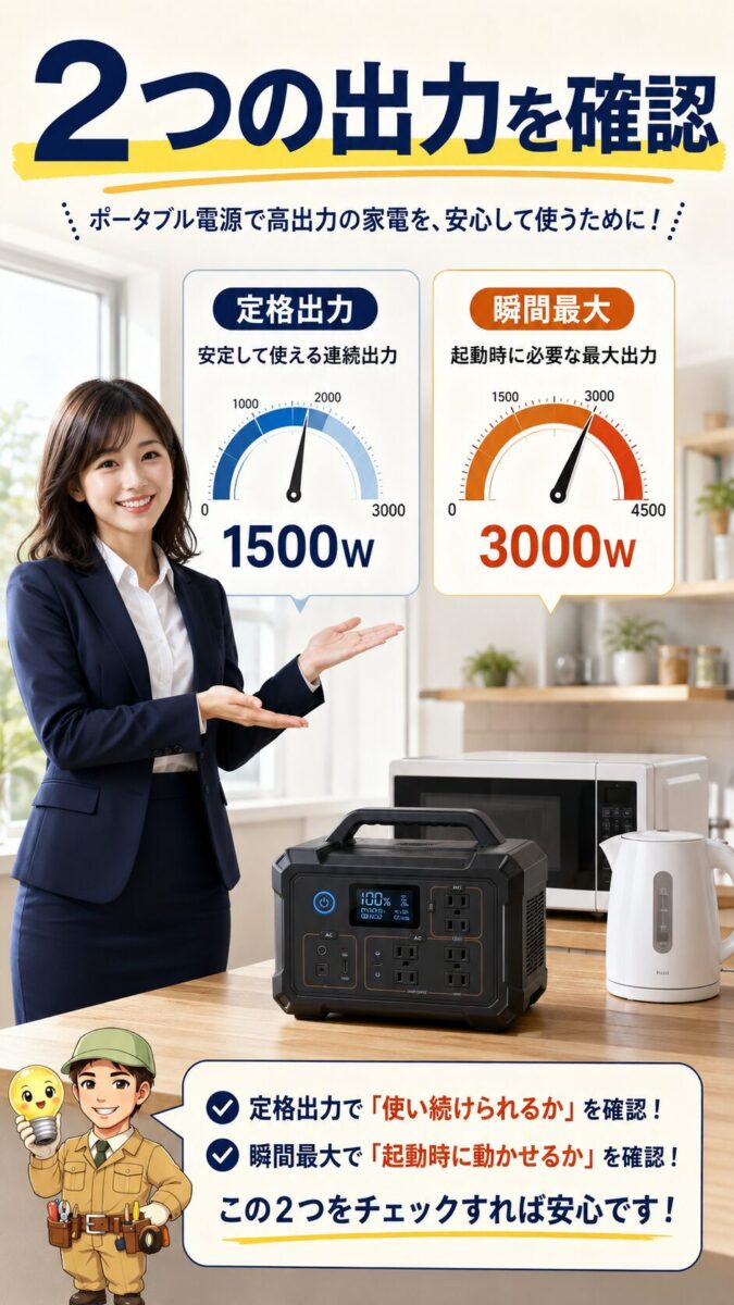 ポータブル電源の定格出力と瞬間最大出力の違いを示す画像