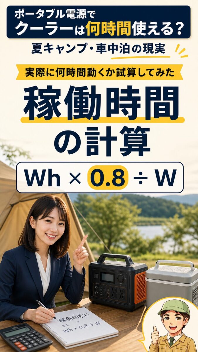 ポータブル電源の容量とクーラー消費電力から稼働時間を計算する画像