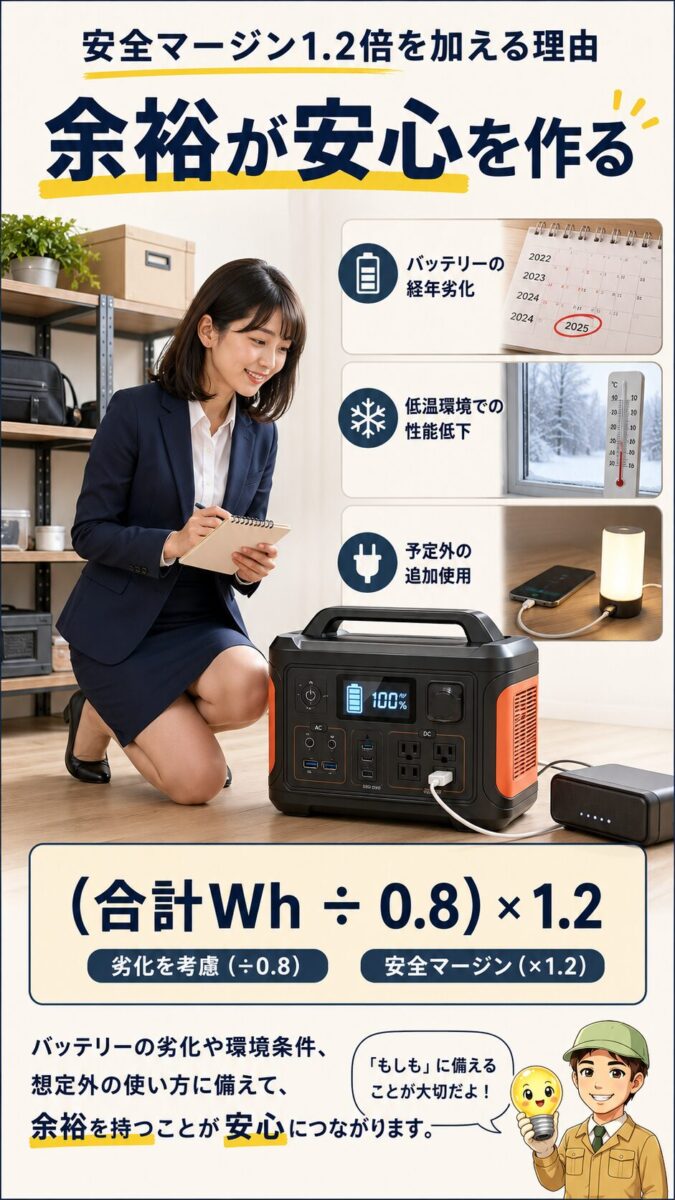 劣化や低温に備えて容量に1.2倍の安全マージンを加える理由を示した画像