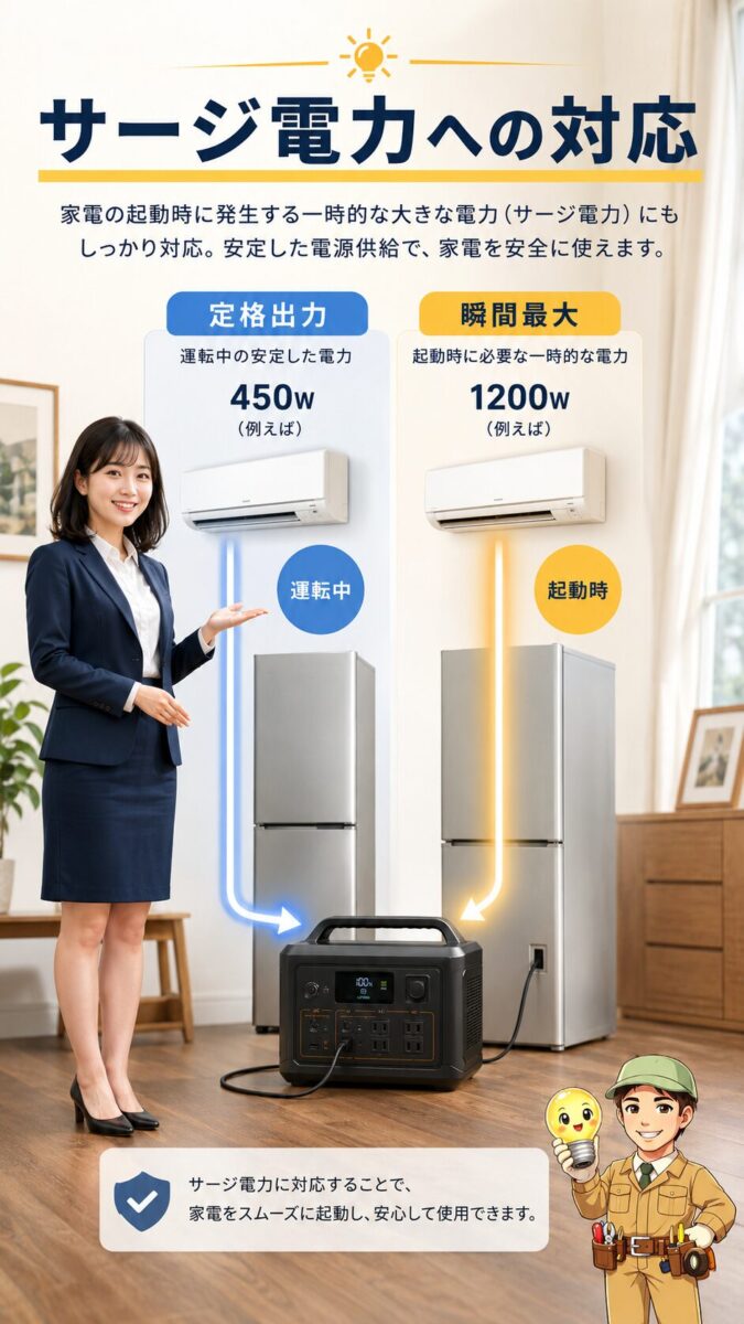 冷蔵庫やエアコンの起動時に必要なサージ電力をポータブル電源で説明する画像