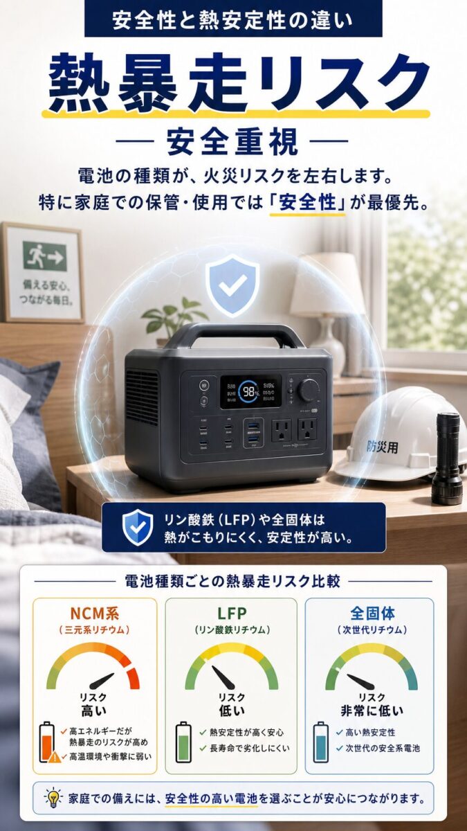 ポータブル電源の安全性と熱安定性の違いを示す画像