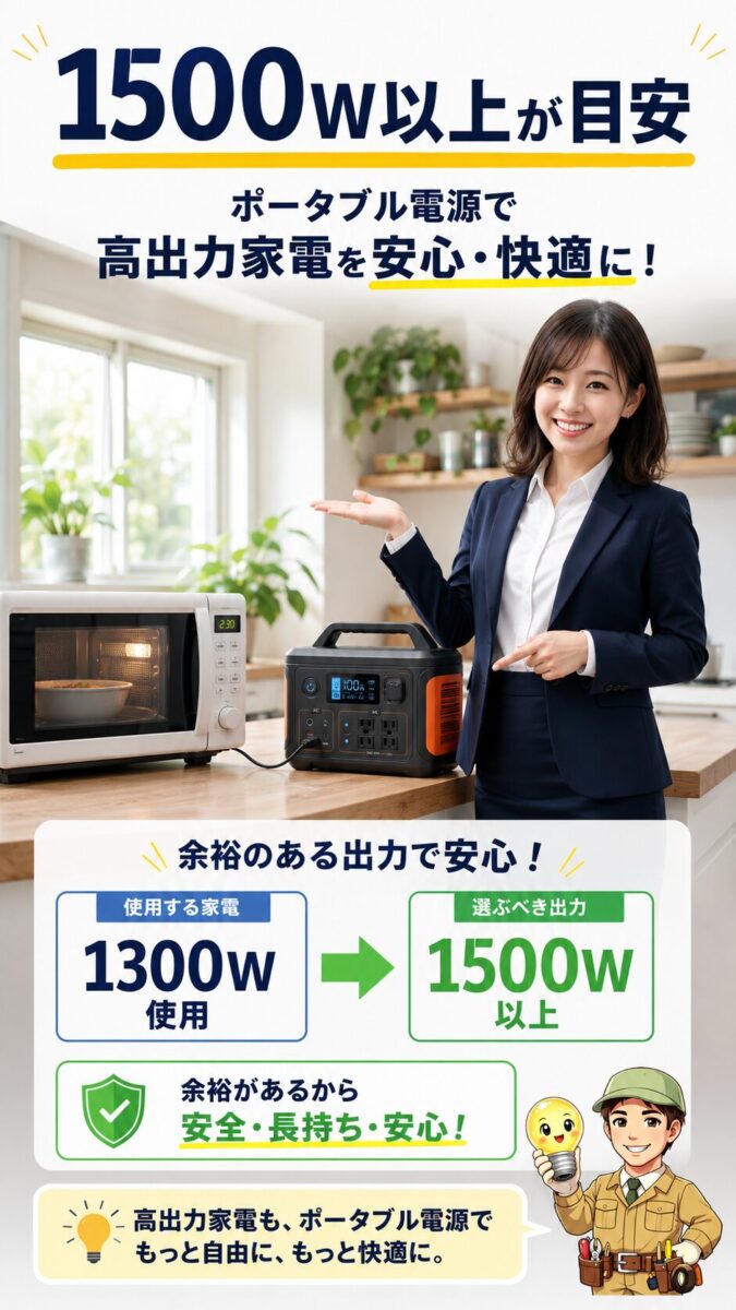 電子レンジやケトルを使うなら1500W以上のポータブル電源が安心なことを示す画像